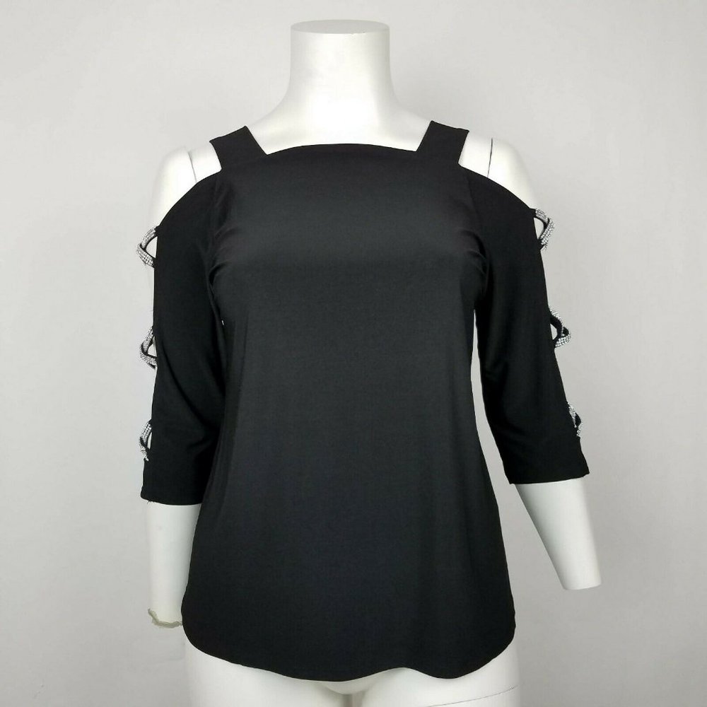Avenue Women's Blouse Bling Cold Shoulder Open Sleeve Size 14/16
